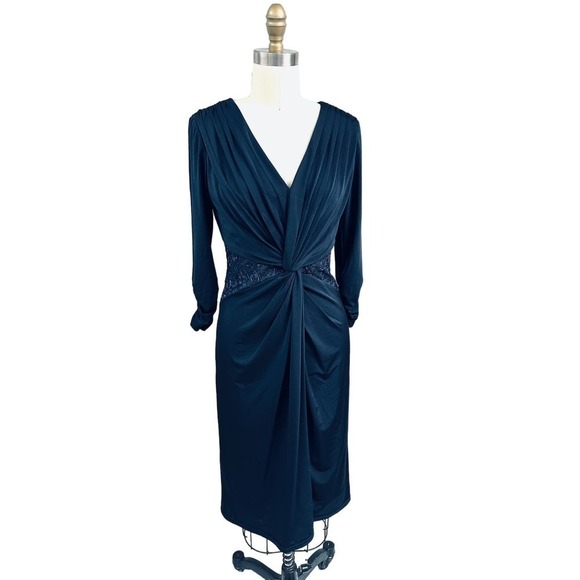Tadashi Shoji Womens XS/S Small Dark Blue Beaded Knot Dress Wedding Cocktail 3/4 - Picture 1 of 8